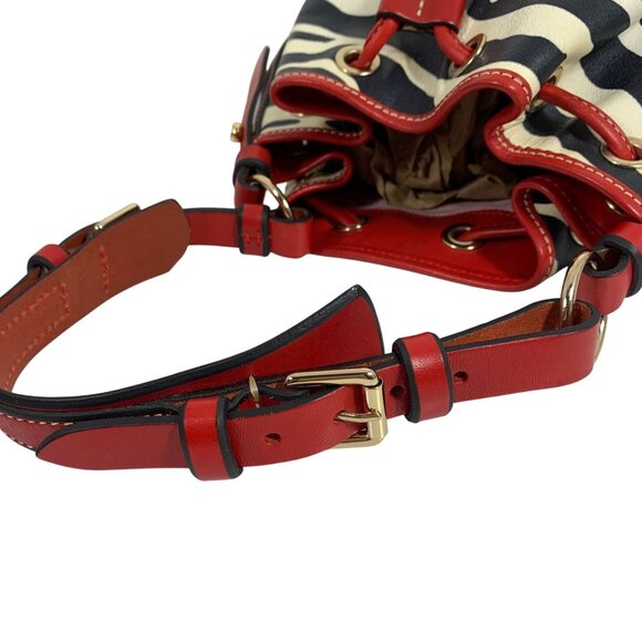 DOONEY BOURKE Zebra Drawstring Bucket Bag Red Leather Trim Buckle Strap EUC - Picture 9 of 15